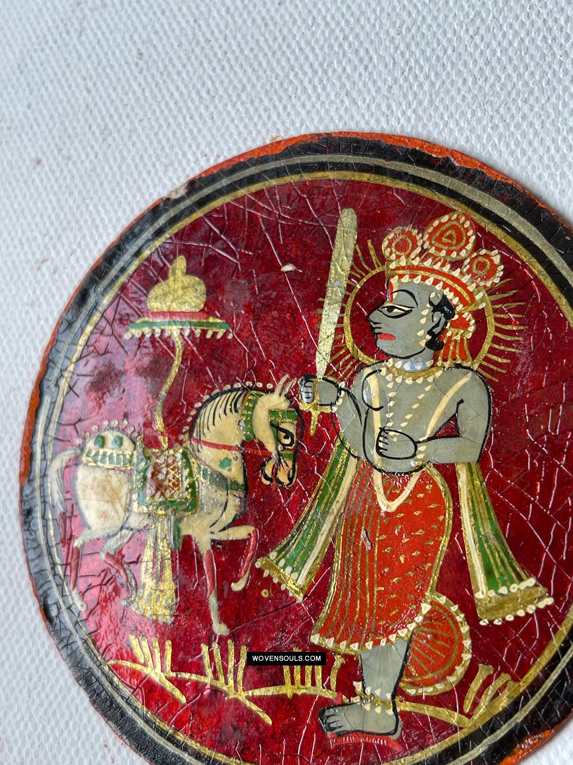 1384-H THREE Antique Lacquered Ganjifa Playing Cards - Premium Face Court Card-WOVENSOULS Antique Textiles & Art Gallery