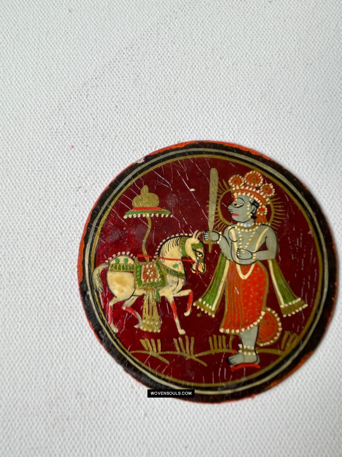 1384-H THREE Antique Lacquered Ganjifa Playing Cards - Premium Face Court Card-WOVENSOULS Antique Textiles & Art Gallery