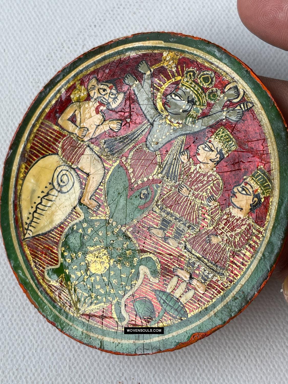 1384-H THREE Antique Lacquered Ganjifa Playing Cards - Premium Face Court Card-WOVENSOULS Antique Textiles & Art Gallery