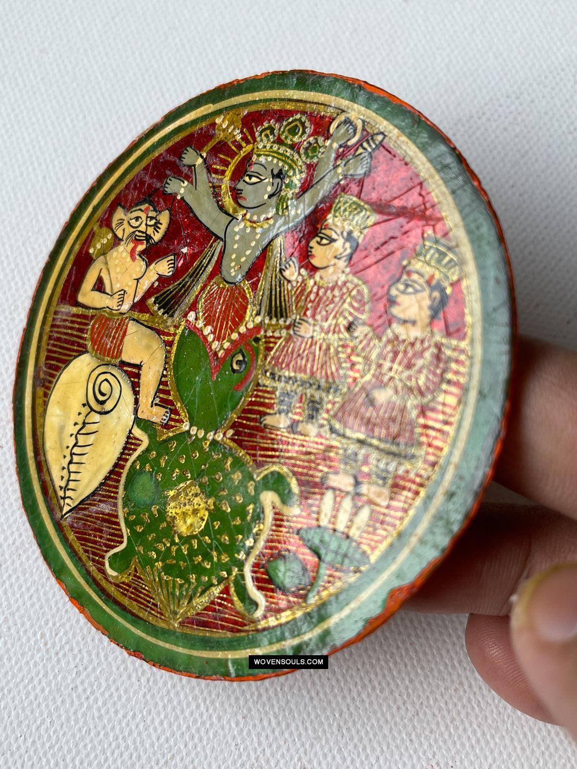 1384-H THREE Antique Lacquered Ganjifa Playing Cards - Premium Face Court Card-WOVENSOULS Antique Textiles & Art Gallery