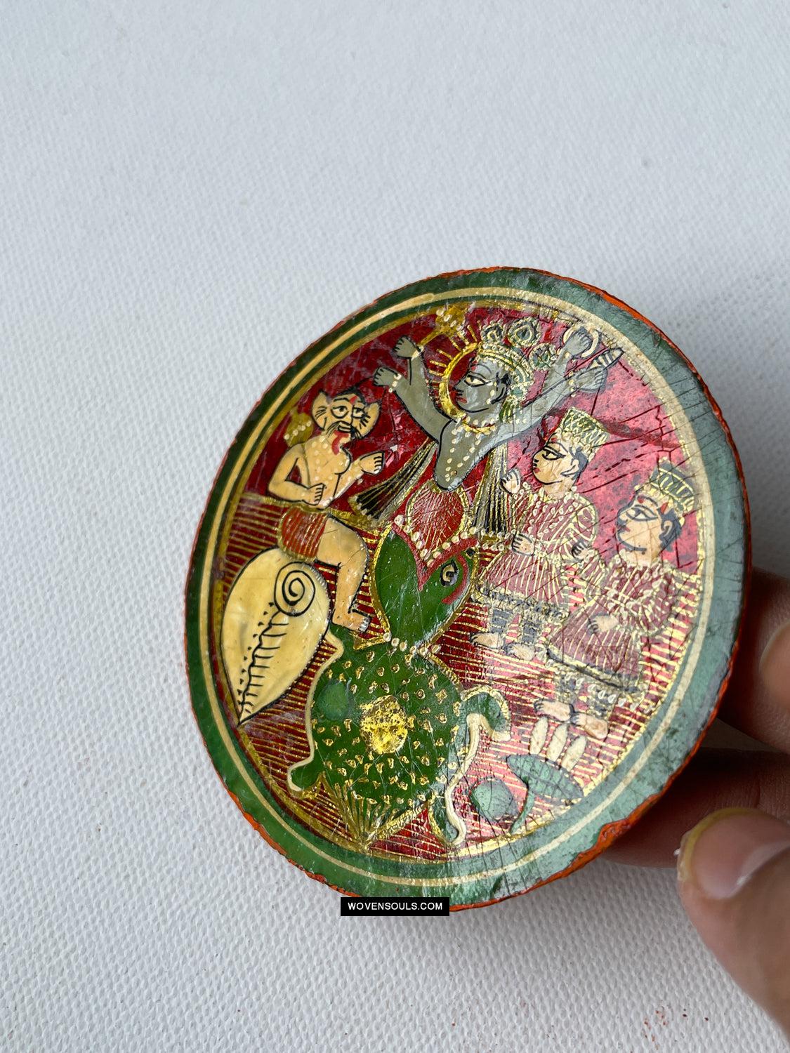 1384-H THREE Antique Lacquered Ganjifa Playing Cards - Premium Face Court Card-WOVENSOULS Antique Textiles & Art Gallery