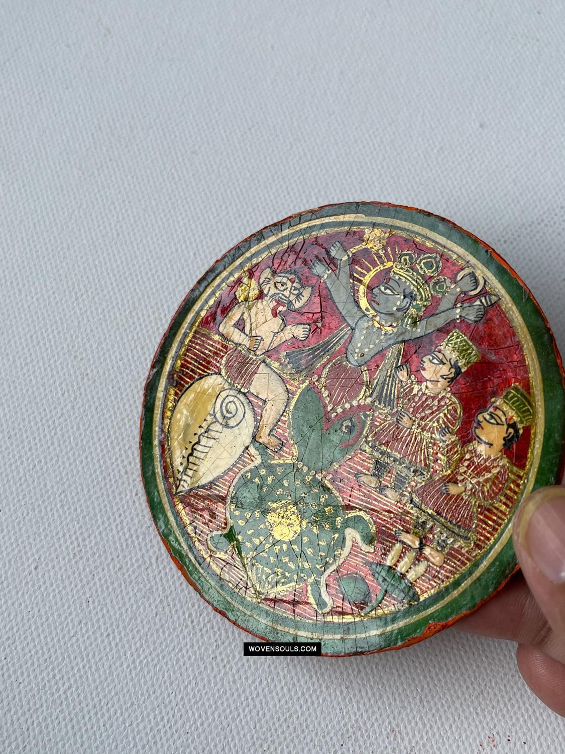 1384-H THREE Antique Lacquered Ganjifa Playing Cards - Premium Face Court Card-WOVENSOULS Antique Textiles & Art Gallery