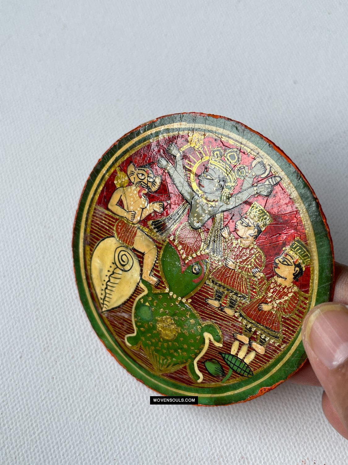 1384-H THREE Antique Lacquered Ganjifa Playing Cards - Premium Face Court Card-WOVENSOULS Antique Textiles & Art Gallery