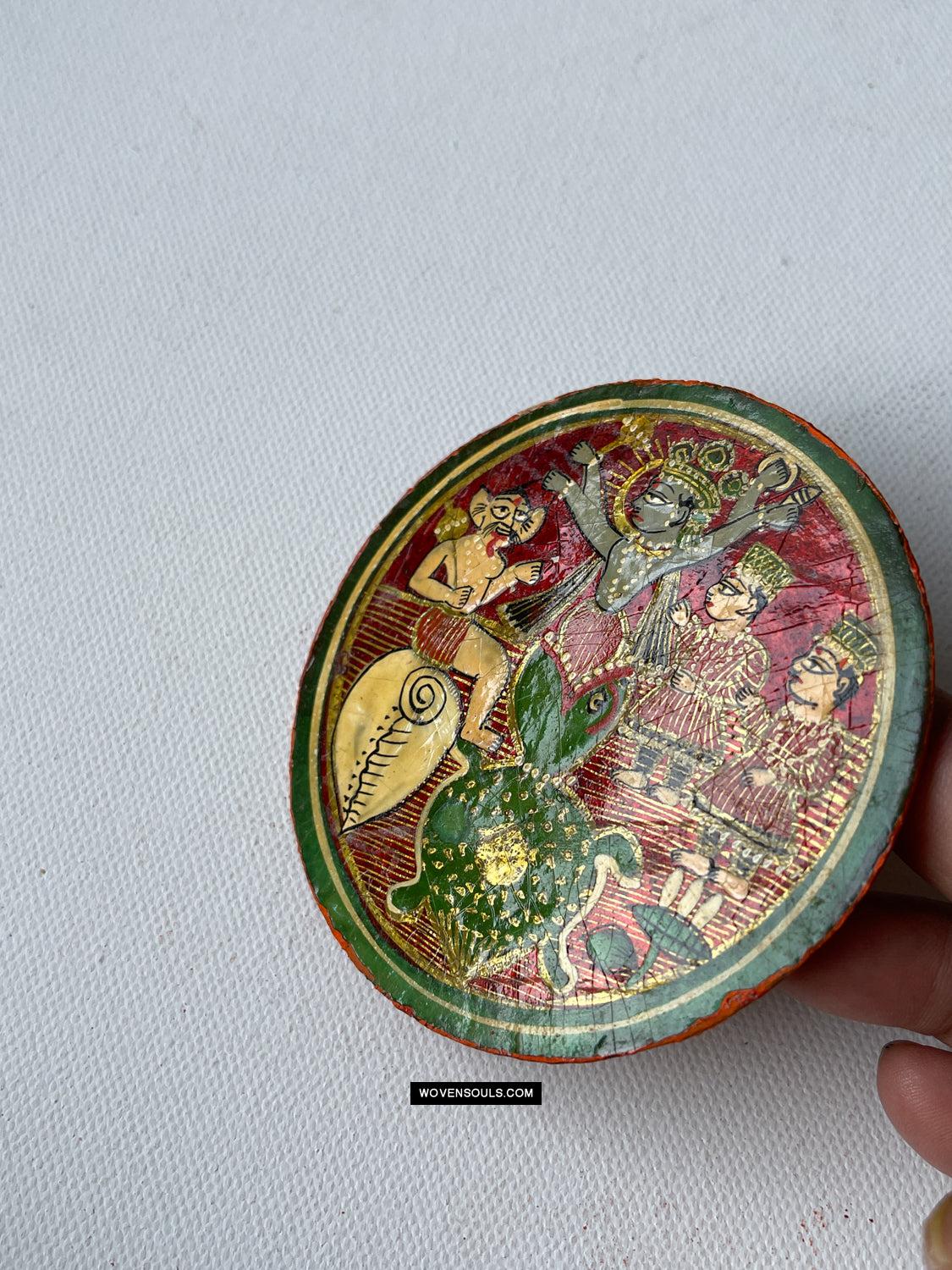 1384-H THREE Antique Lacquered Ganjifa Playing Cards - Premium Face Court Card-WOVENSOULS Antique Textiles & Art Gallery