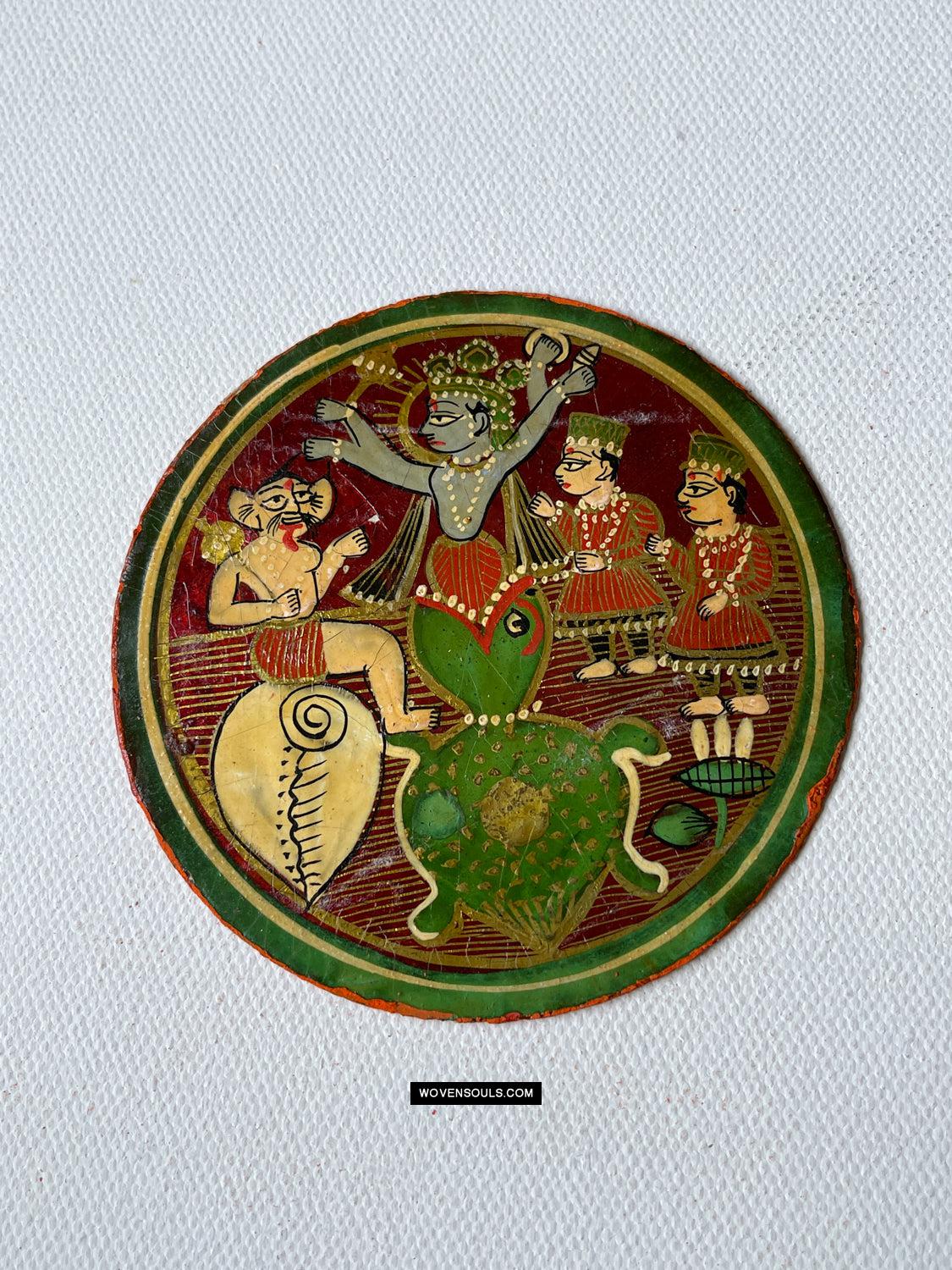 1384-H THREE Antique Lacquered Ganjifa Playing Cards - Premium Face Court Card-WOVENSOULS Antique Textiles & Art Gallery