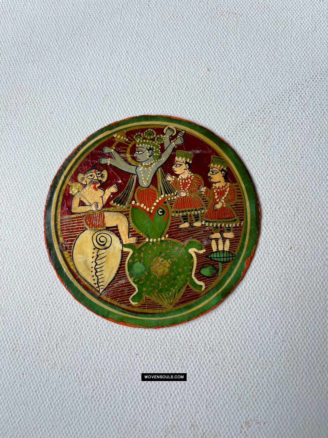 1384-H THREE Antique Lacquered Ganjifa Playing Cards - Premium Face Court Card-WOVENSOULS Antique Textiles & Art Gallery