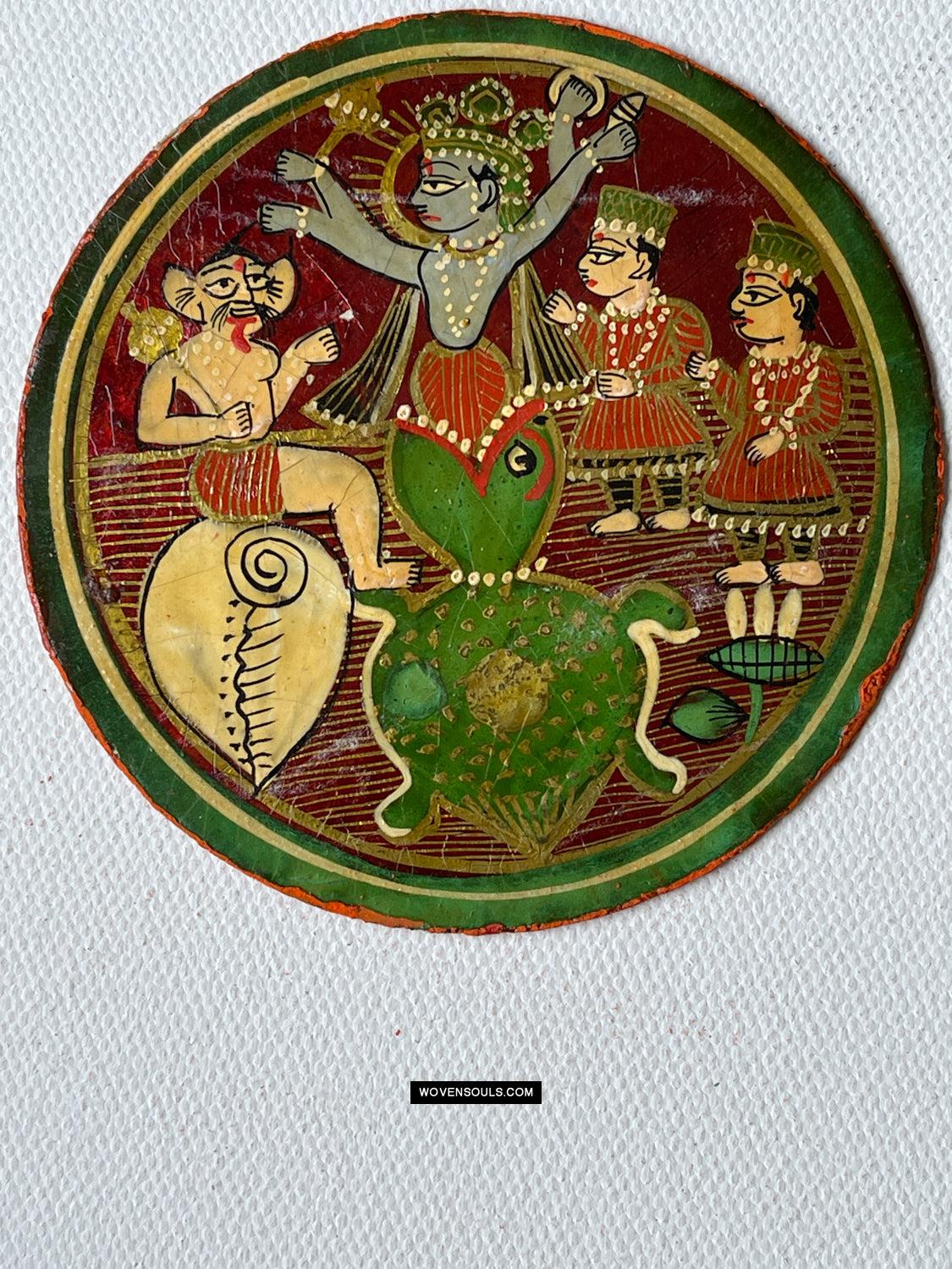 1384-H THREE Antique Lacquered Ganjifa Playing Cards - Premium Face Court Card-WOVENSOULS Antique Textiles & Art Gallery