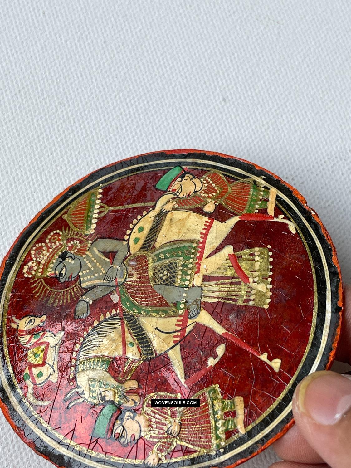 1384-H THREE Antique Lacquered Ganjifa Playing Cards - Premium Face Court Card-WOVENSOULS Antique Textiles & Art Gallery