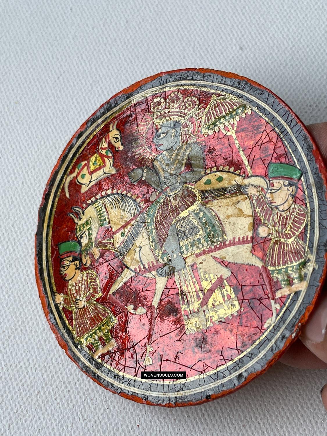 1384-H THREE Antique Lacquered Ganjifa Playing Cards - Premium Face Court Card-WOVENSOULS Antique Textiles & Art Gallery