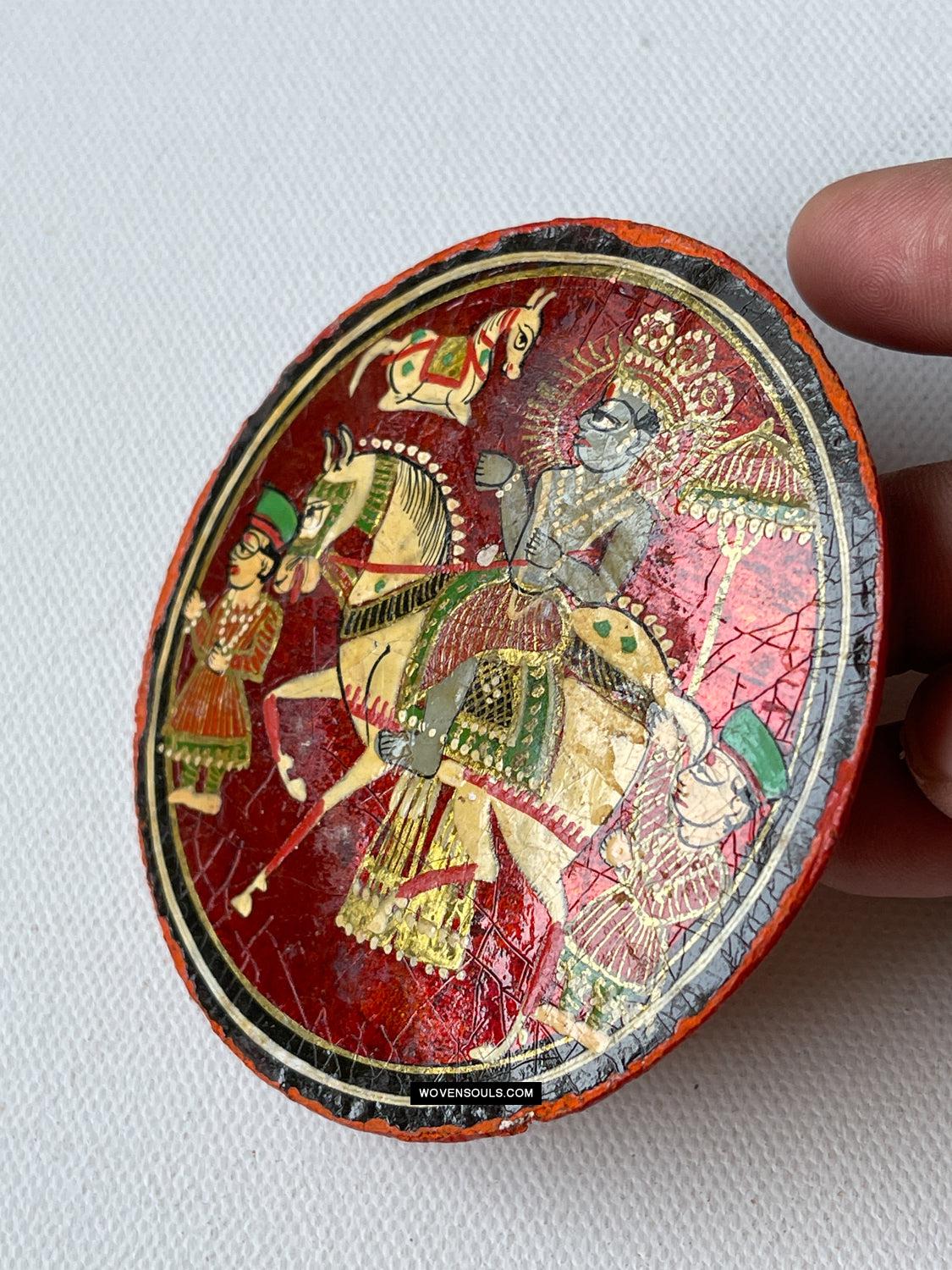 1384-H THREE Antique Lacquered Ganjifa Playing Cards - Premium Face Court Card-WOVENSOULS Antique Textiles & Art Gallery