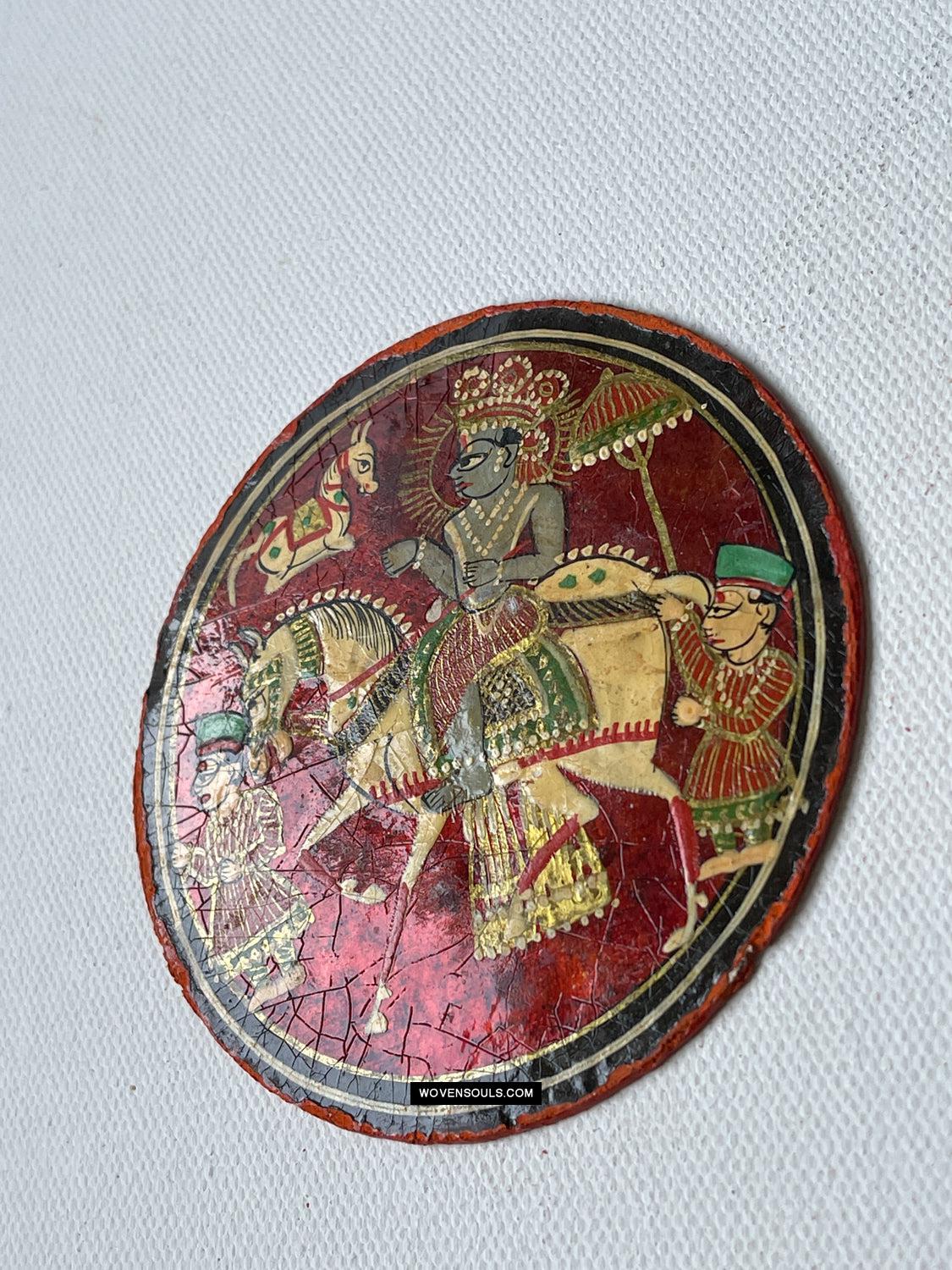 1384-H THREE Antique Lacquered Ganjifa Playing Cards - Premium Face Court Card-WOVENSOULS Antique Textiles & Art Gallery