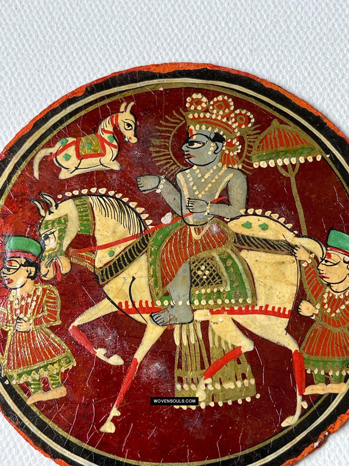 1384-H THREE Antique Lacquered Ganjifa Playing Cards - Premium Face Court Card-WOVENSOULS Antique Textiles & Art Gallery