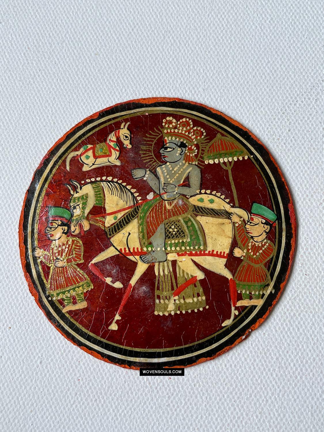 1384-H THREE Antique Lacquered Ganjifa Playing Cards - Premium Face Court Card-WOVENSOULS Antique Textiles & Art Gallery