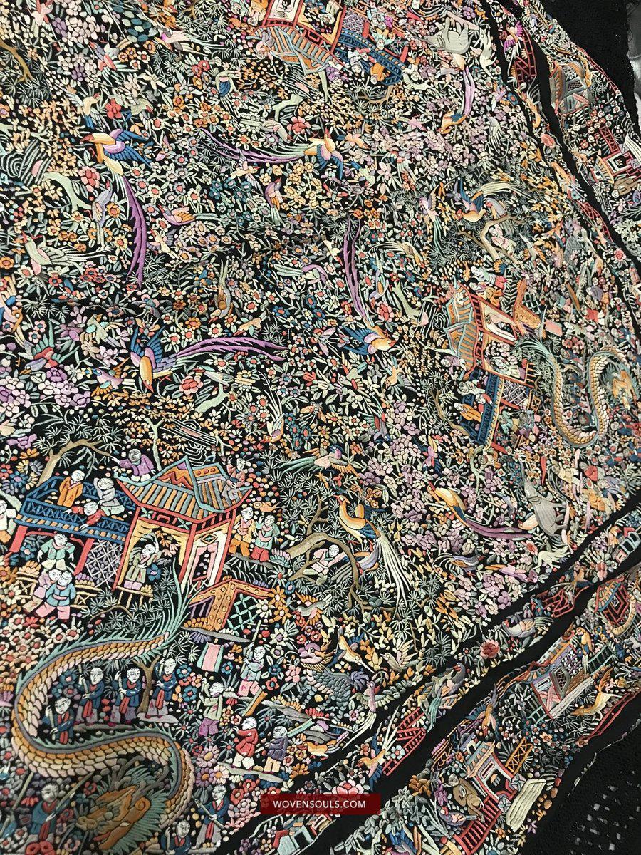 1385 Antique Double Sided Embroidery Manila Manton - Cantonese Embroidery - Dragon Dance-WOVENSOULS-Antique-Vintage-Textiles-Art-Decor