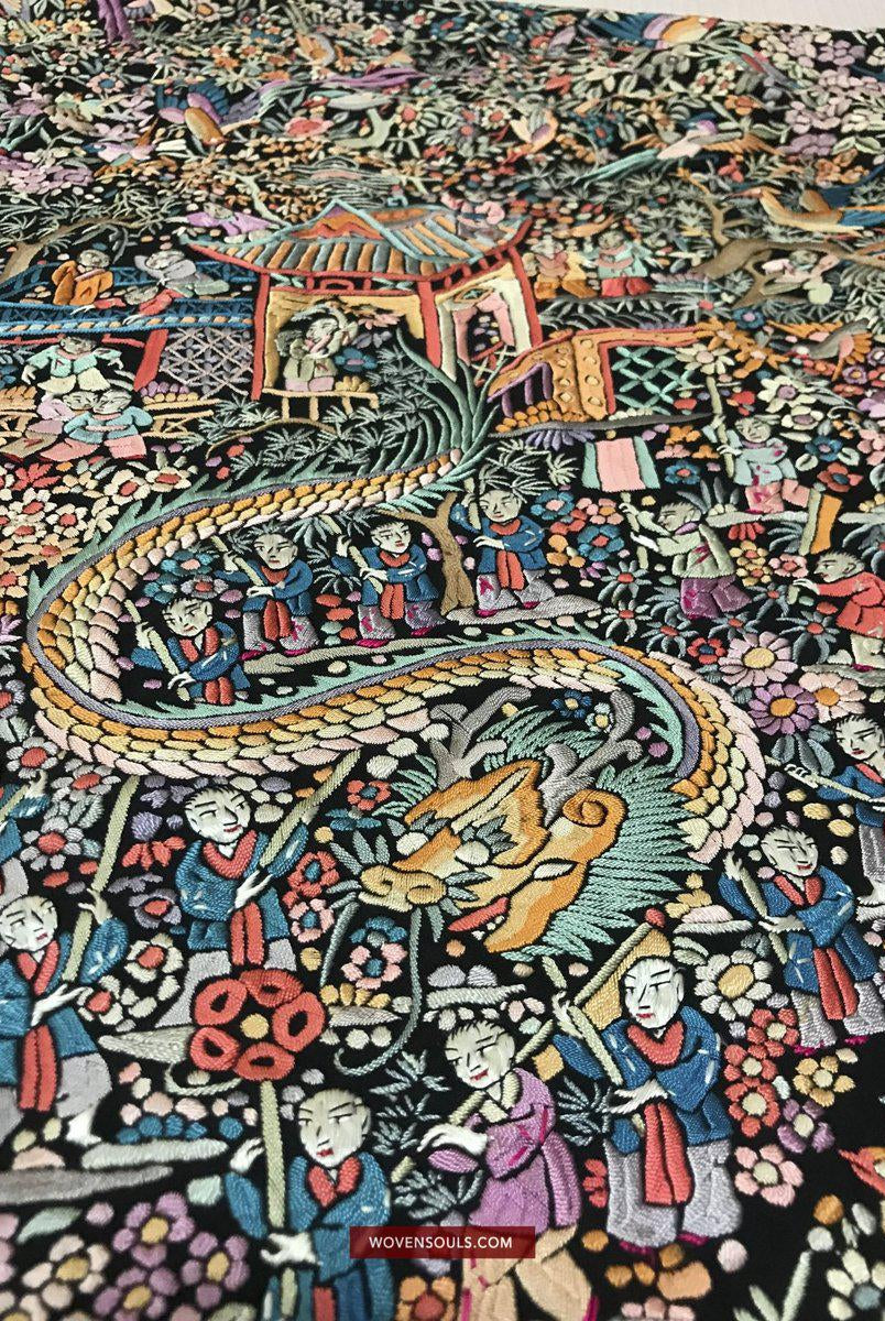 1385 Antique Double Sided Embroidery Manila Manton - Cantonese Embroidery - Dragon Dance-WOVENSOULS-Antique-Vintage-Textiles-Art-Decor