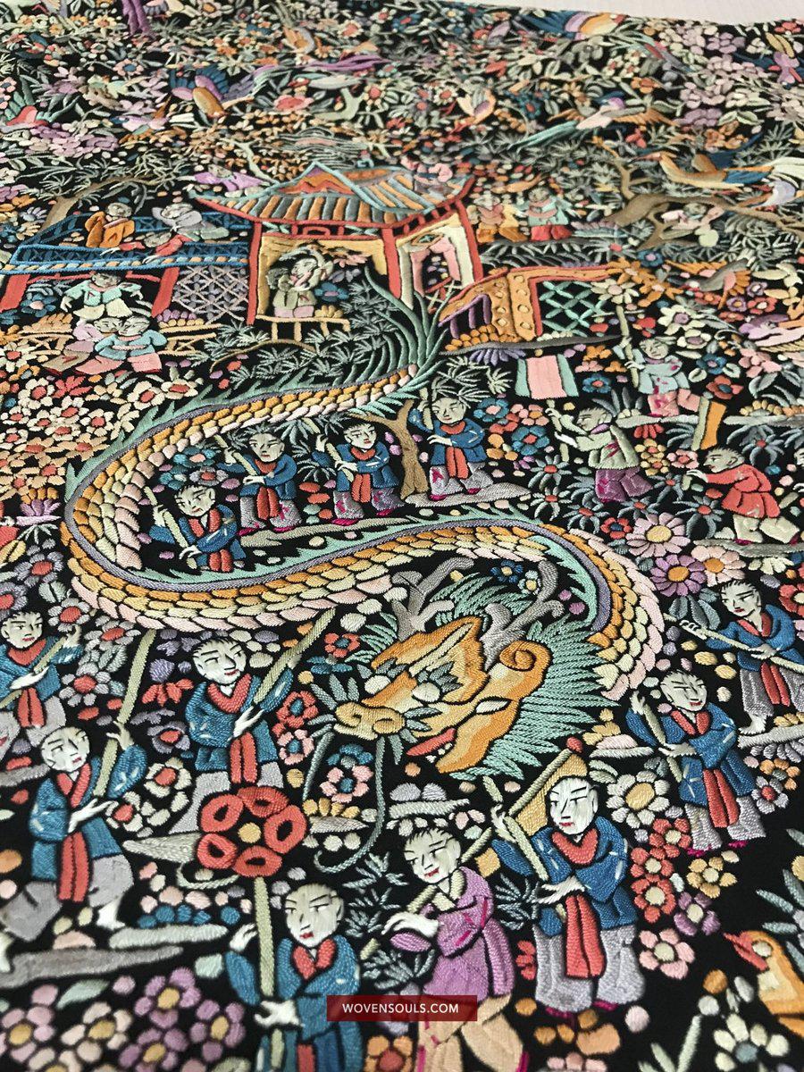 1385 Antique Double Sided Embroidery Manila Manton - Cantonese Embroidery - Dragon Dance-WOVENSOULS-Antique-Vintage-Textiles-Art-Decor