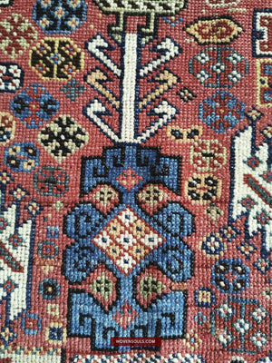 1388 Antique Red Field Shekarlou Shekarlu Qashqai Rug with Animals / Peacocks - NFS-WOVENSOULS-Antique-Vintage-Textiles-Art-Decor
