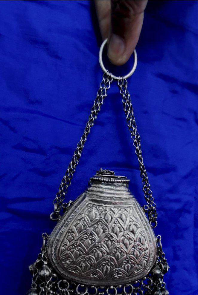 1391 Museum Quality Old Indian Silver Jewelry - Perfume Purse Awadh-WOVENSOULS-Antique-Vintage-Textiles-Art-Decor