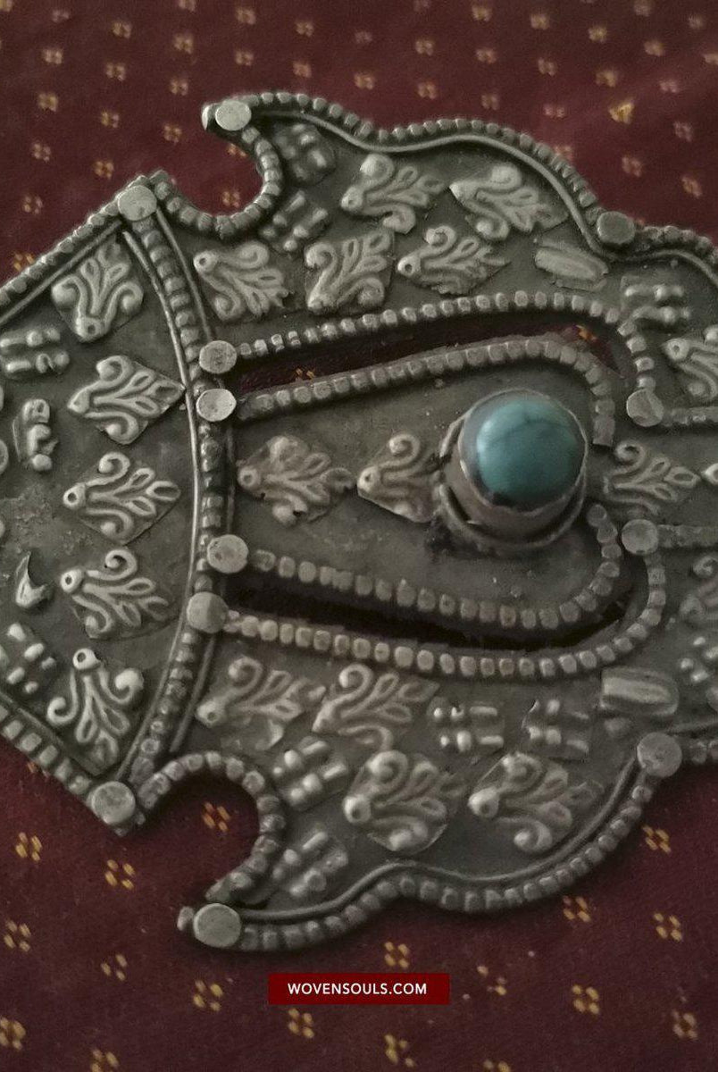 1405 Pair of Rare Antique Tibetan Buckle Ornaments - Silver Coral Turquoise-WOVENSOULS-Antique-Vintage-Textiles-Art-Decor