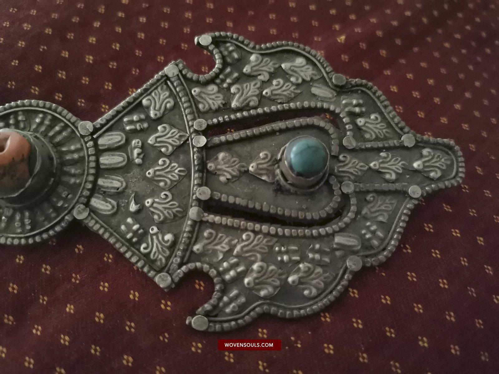 1405 Pair of Rare Antique Tibetan Buckle Ornaments - Silver Coral Turquoise-WOVENSOULS-Antique-Vintage-Textiles-Art-Decor