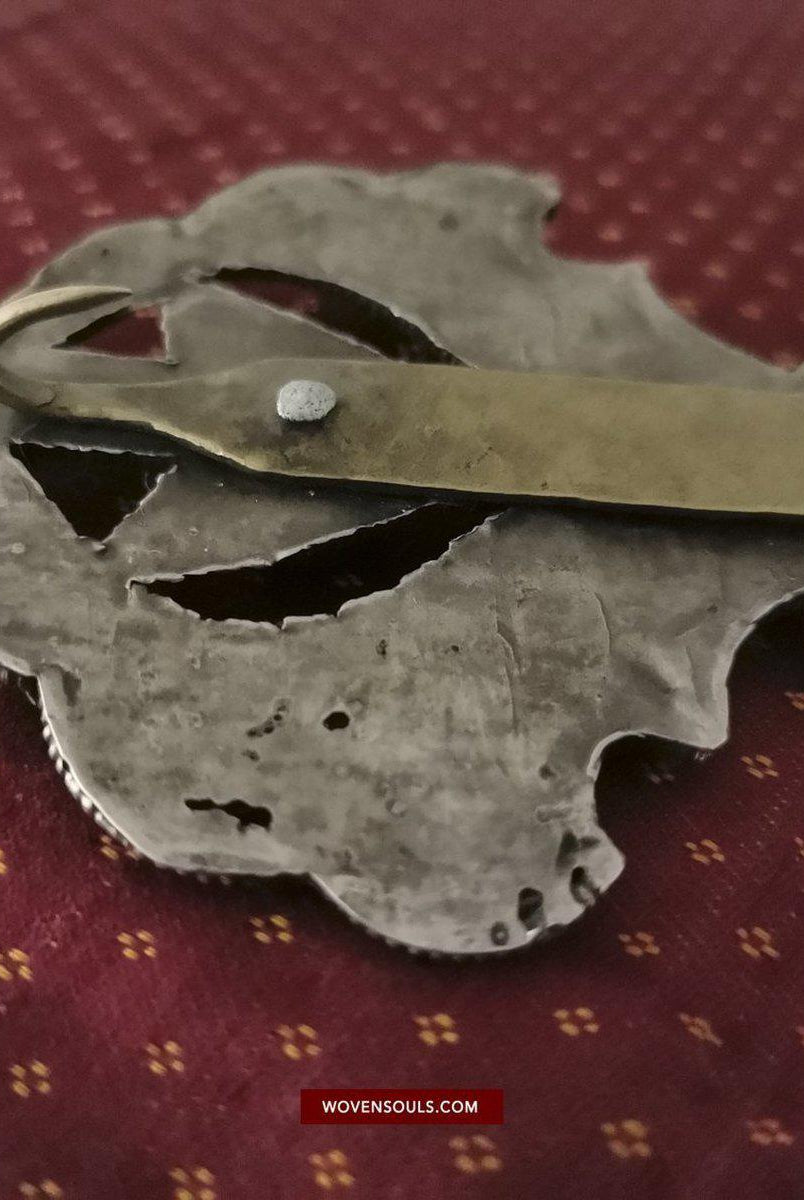 1405 Pair of Rare Antique Tibetan Buckle Ornaments - Silver Coral Turquoise-WOVENSOULS-Antique-Vintage-Textiles-Art-Decor