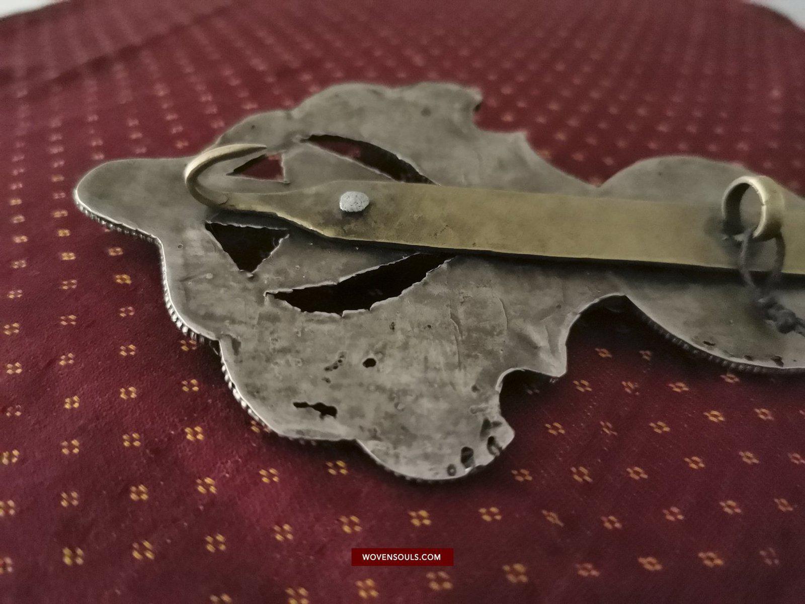 1405 Pair of Rare Antique Tibetan Buckle Ornaments - Silver Coral Turquoise-WOVENSOULS-Antique-Vintage-Textiles-Art-Decor