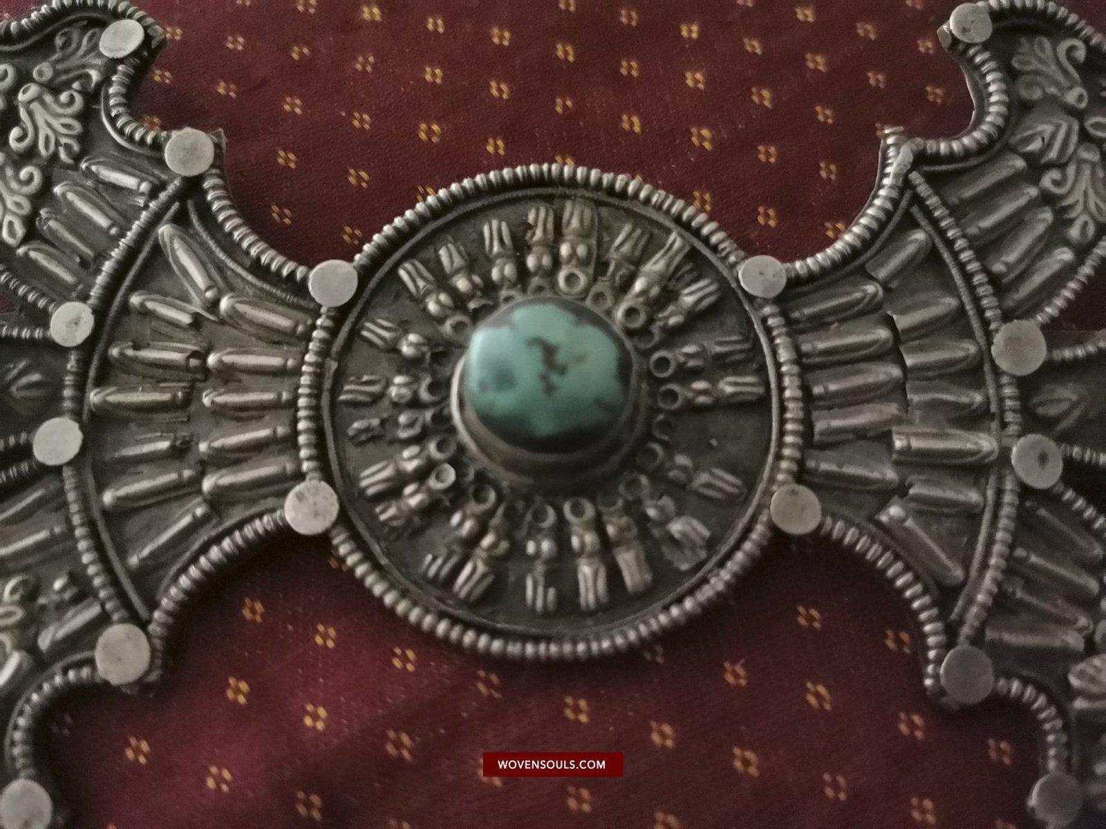 1405 Pair of Rare Antique Tibetan Buckle Ornaments - Silver Coral Turquoise-WOVENSOULS-Antique-Vintage-Textiles-Art-Decor