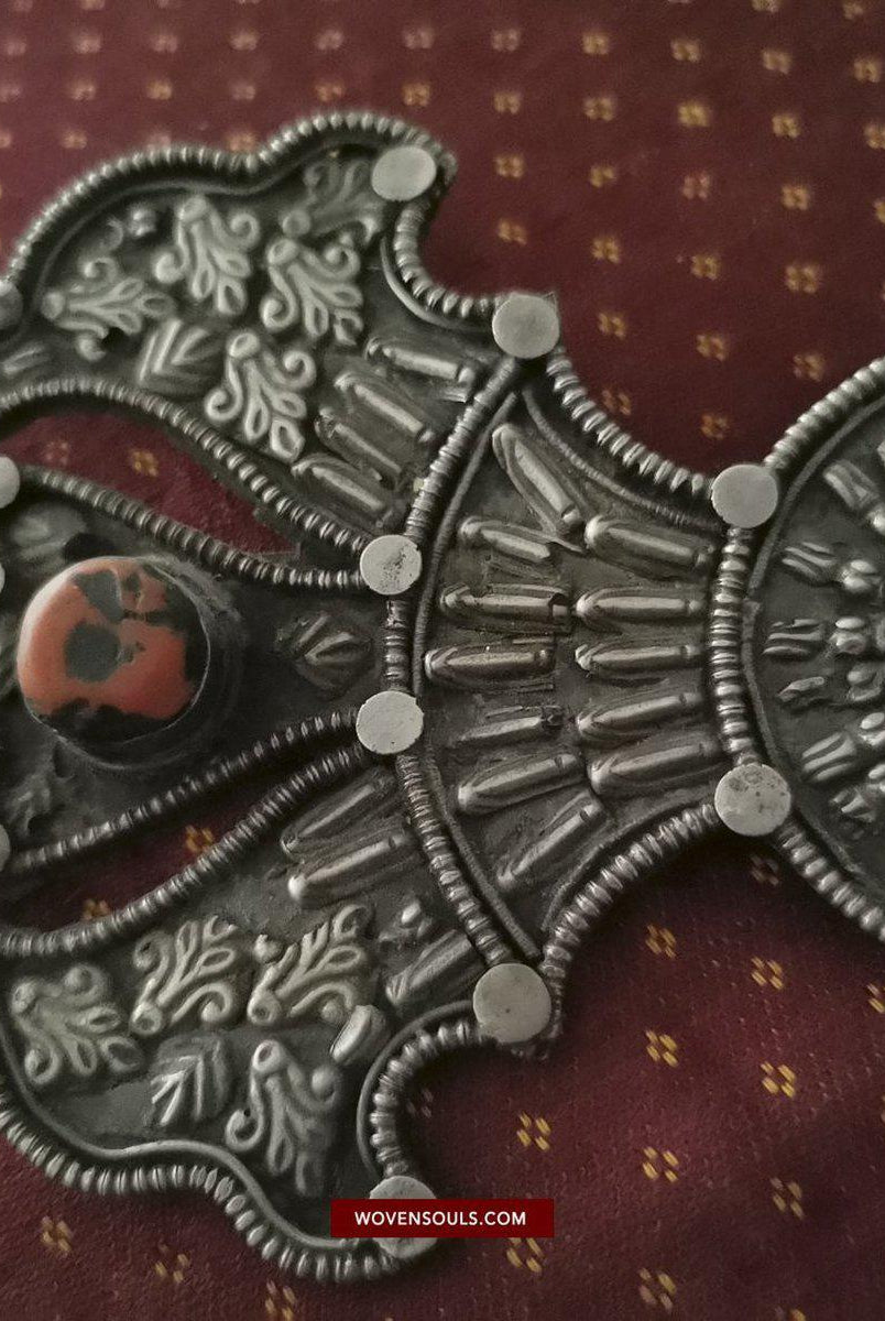 1405 Pair of Rare Antique Tibetan Buckle Ornaments - Silver Coral Turquoise-WOVENSOULS-Antique-Vintage-Textiles-Art-Decor