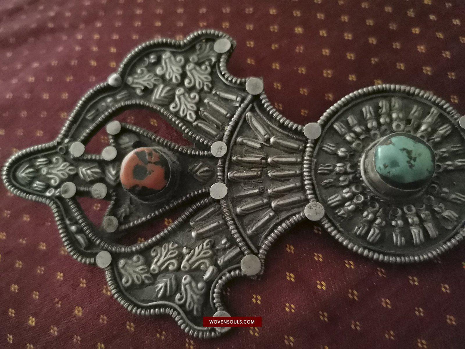 1405 Pair of Rare Antique Tibetan Buckle Ornaments - Silver Coral Turquoise-WOVENSOULS-Antique-Vintage-Textiles-Art-Decor