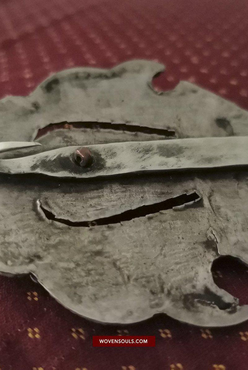 1405 Pair of Rare Antique Tibetan Buckle Ornaments - Silver Coral Turquoise-WOVENSOULS-Antique-Vintage-Textiles-Art-Decor