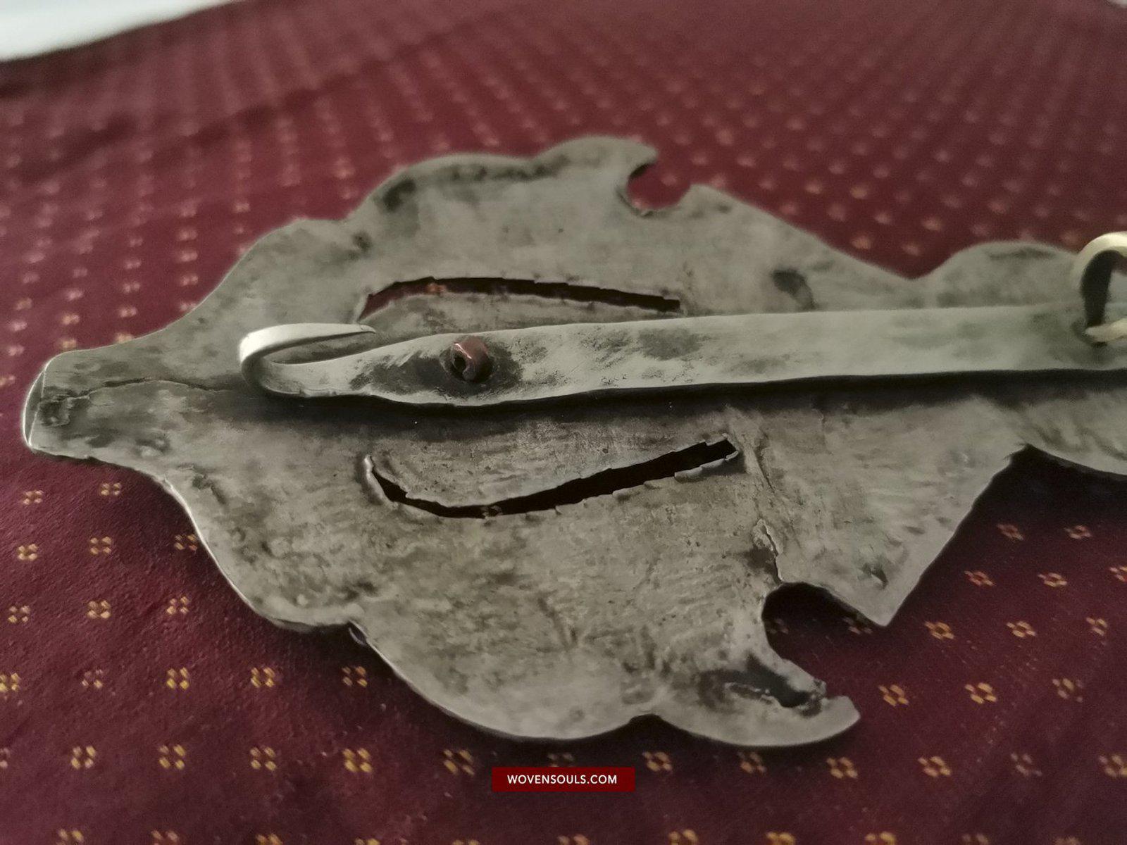 1405 Pair of Rare Antique Tibetan Buckle Ornaments - Silver Coral Turquoise-WOVENSOULS-Antique-Vintage-Textiles-Art-Decor