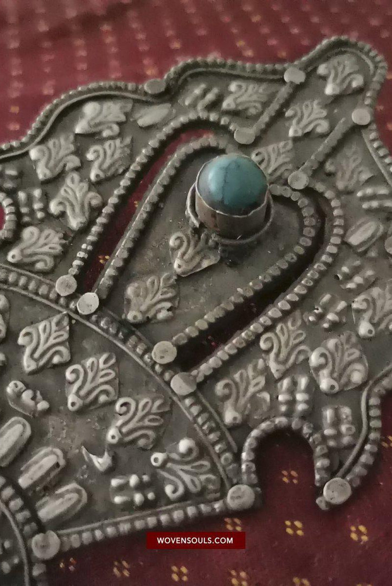 1405 Pair of Rare Antique Tibetan Buckle Ornaments - Silver Coral Turquoise-WOVENSOULS-Antique-Vintage-Textiles-Art-Decor