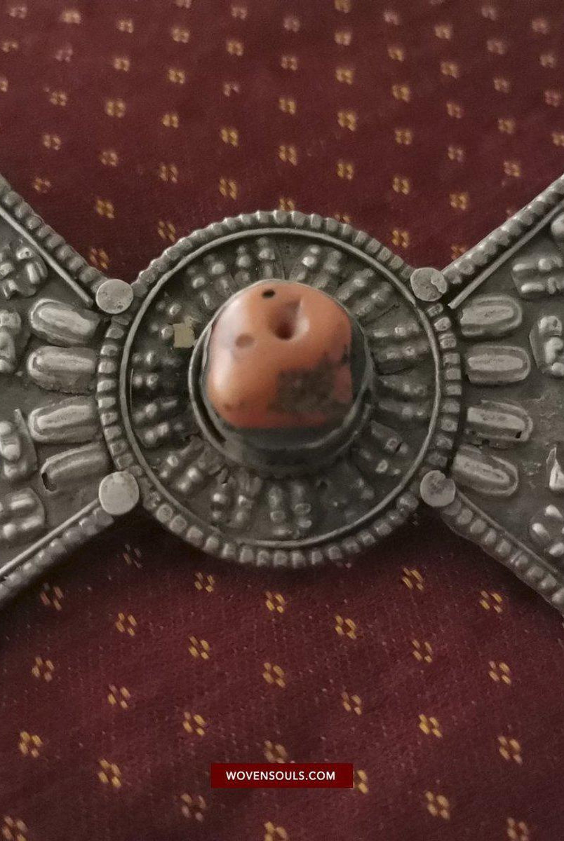 1405 Pair of Rare Antique Tibetan Buckle Ornaments - Silver Coral Turquoise-WOVENSOULS-Antique-Vintage-Textiles-Art-Decor