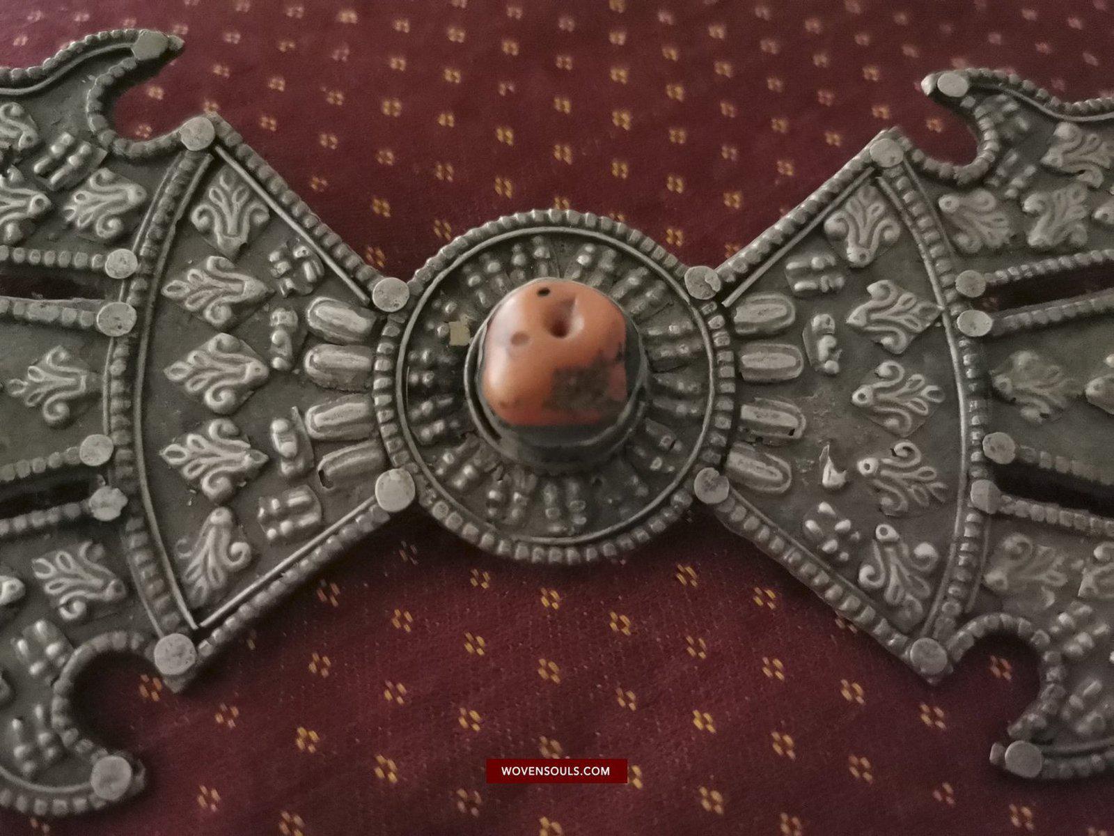 1405 Pair of Rare Antique Tibetan Buckle Ornaments - Silver Coral Turquoise-WOVENSOULS-Antique-Vintage-Textiles-Art-Decor