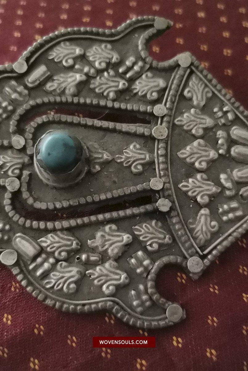 1405 Pair of Rare Antique Tibetan Buckle Ornaments - Silver Coral Turquoise-WOVENSOULS-Antique-Vintage-Textiles-Art-Decor