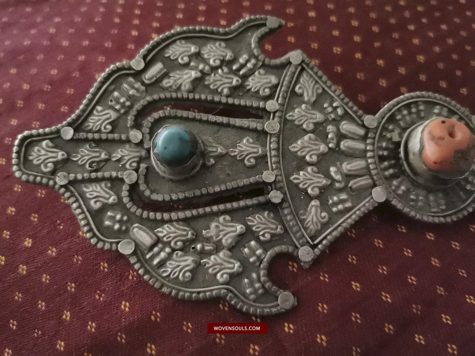 1405 Pair of Rare Antique Tibetan Buckle Ornaments - Silver Coral Turquoise-WOVENSOULS-Antique-Vintage-Textiles-Art-Decor