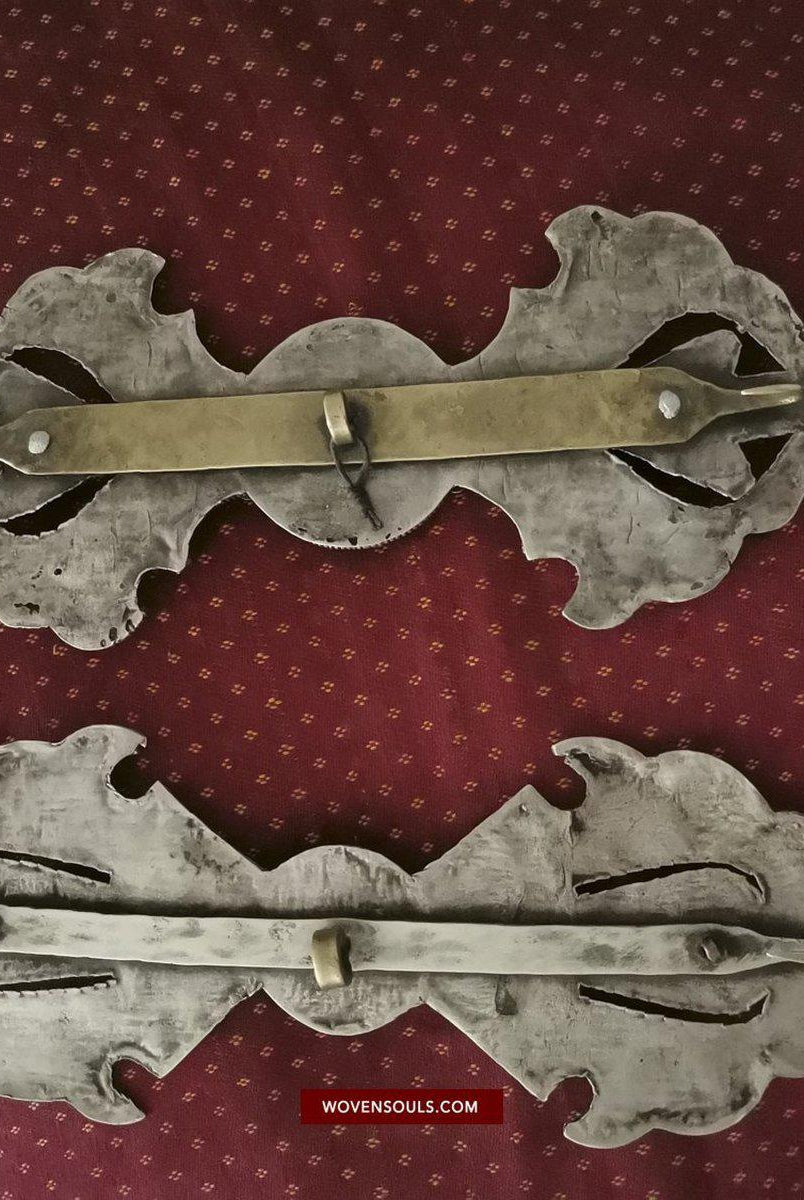 1405 Pair of Rare Antique Tibetan Buckle Ornaments - Silver Coral Turquoise-WOVENSOULS-Antique-Vintage-Textiles-Art-Decor