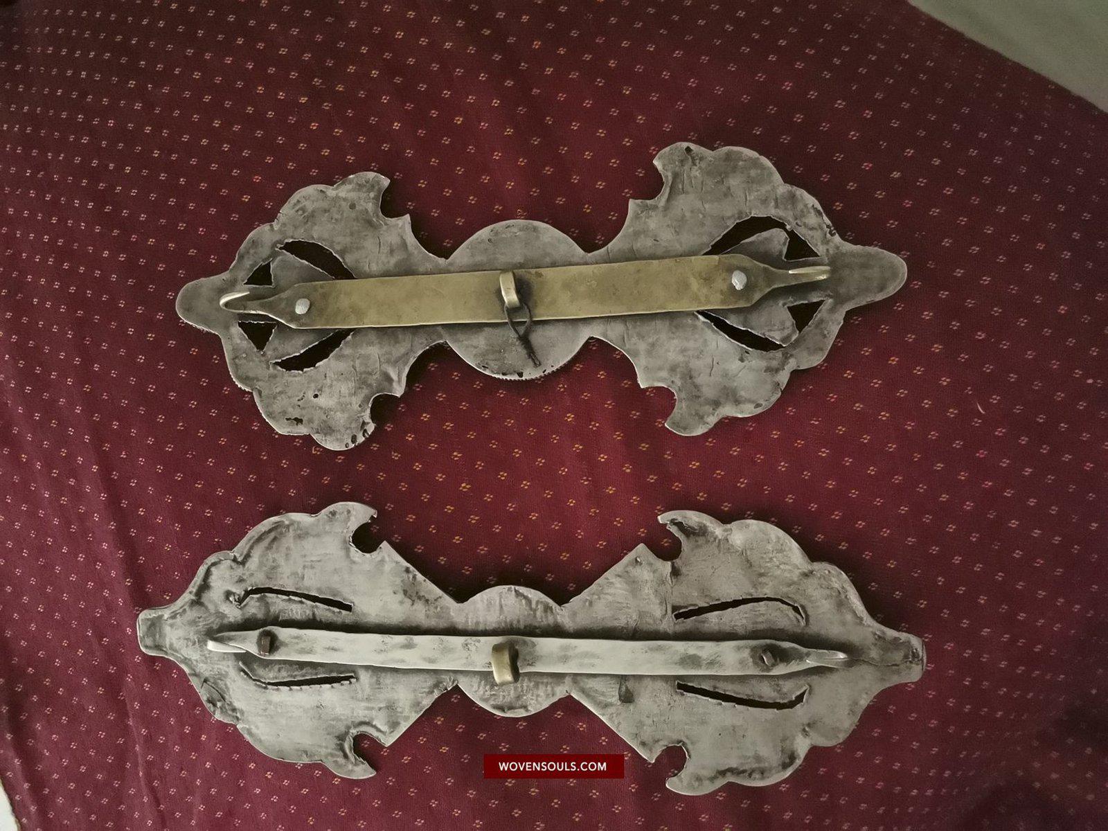 1405 Pair of Rare Antique Tibetan Buckle Ornaments - Silver Coral Turquoise-WOVENSOULS-Antique-Vintage-Textiles-Art-Decor