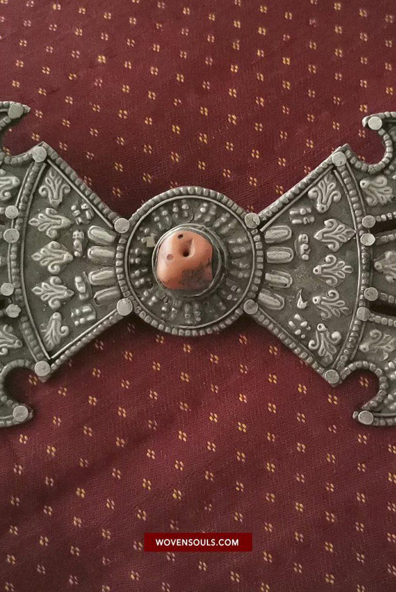 1405 Pair of Rare Antique Tibetan Buckle Ornaments - Silver Coral Turquoise-WOVENSOULS-Antique-Vintage-Textiles-Art-Decor