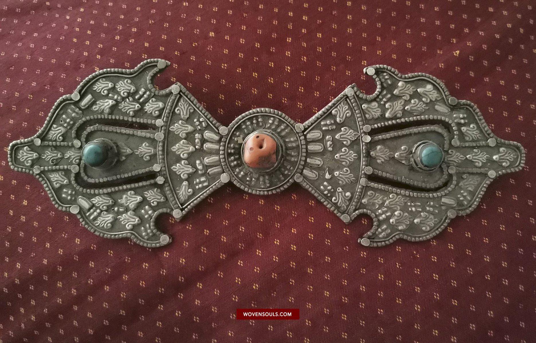 1405 Pair of Rare Antique Tibetan Buckle Ornaments - Silver Coral Turquoise-WOVENSOULS-Antique-Vintage-Textiles-Art-Decor