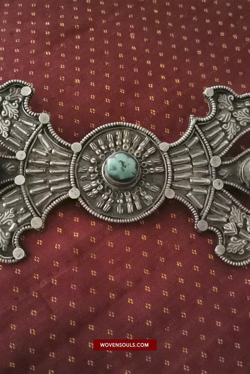 1405 Pair of Rare Antique Tibetan Buckle Ornaments - Silver Coral Turquoise-WOVENSOULS-Antique-Vintage-Textiles-Art-Decor