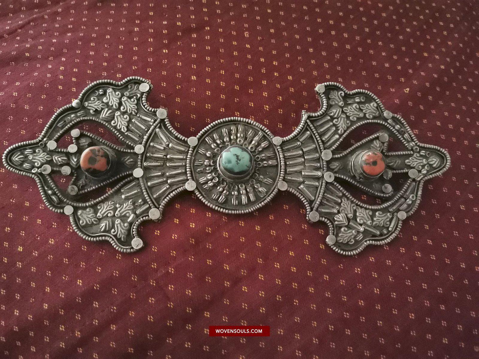 1405 Pair of Rare Antique Tibetan Buckle Ornaments - Silver Coral Turquoise-WOVENSOULS-Antique-Vintage-Textiles-Art-Decor