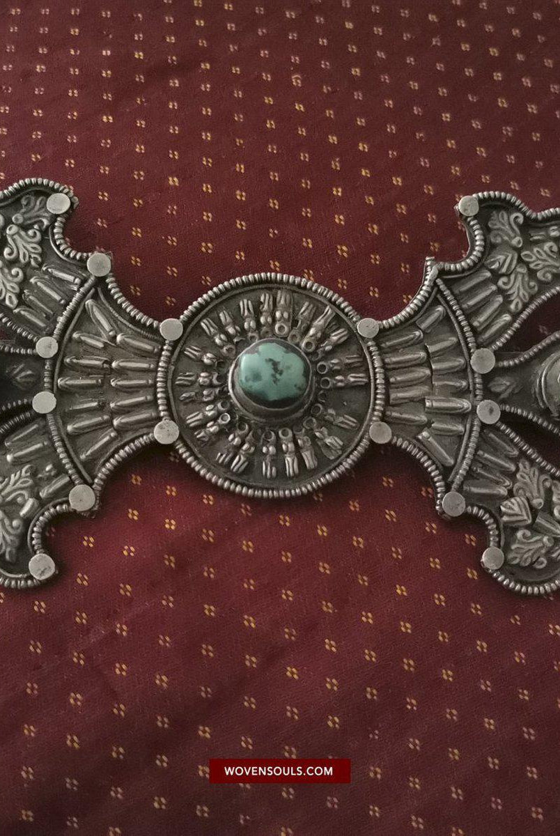 1405 Pair of Rare Antique Tibetan Buckle Ornaments - Silver Coral Turquoise-WOVENSOULS-Antique-Vintage-Textiles-Art-Decor