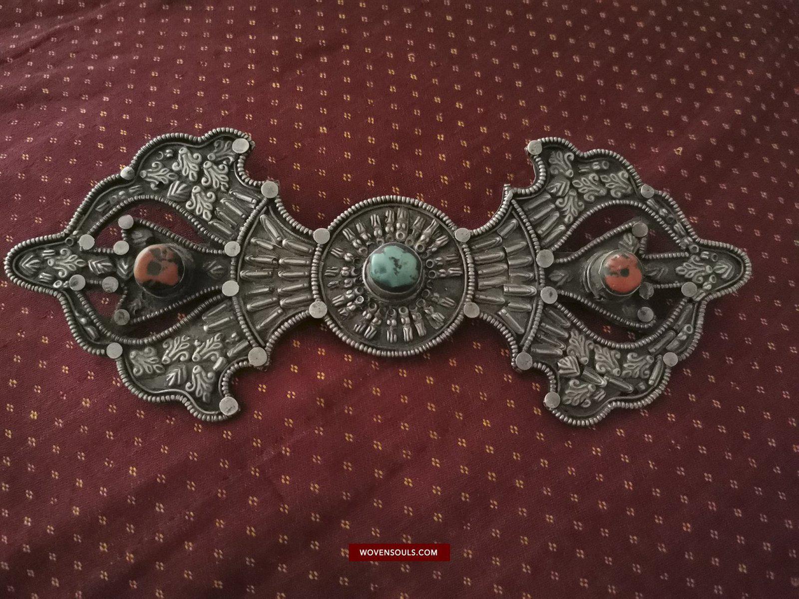 1405 Pair of Rare Antique Tibetan Buckle Ornaments - Silver Coral Turquoise-WOVENSOULS-Antique-Vintage-Textiles-Art-Decor