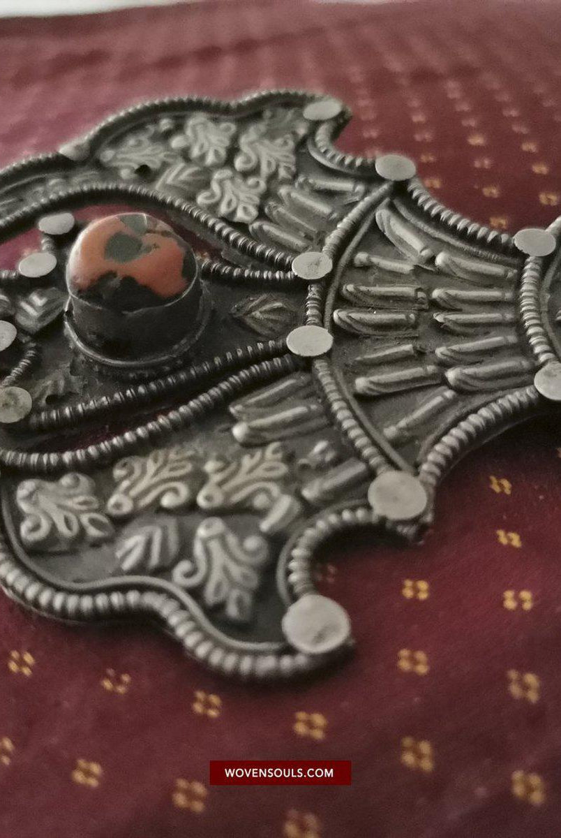 1405 Pair of Rare Antique Tibetan Buckle Ornaments - Silver Coral Turquoise-WOVENSOULS-Antique-Vintage-Textiles-Art-Decor