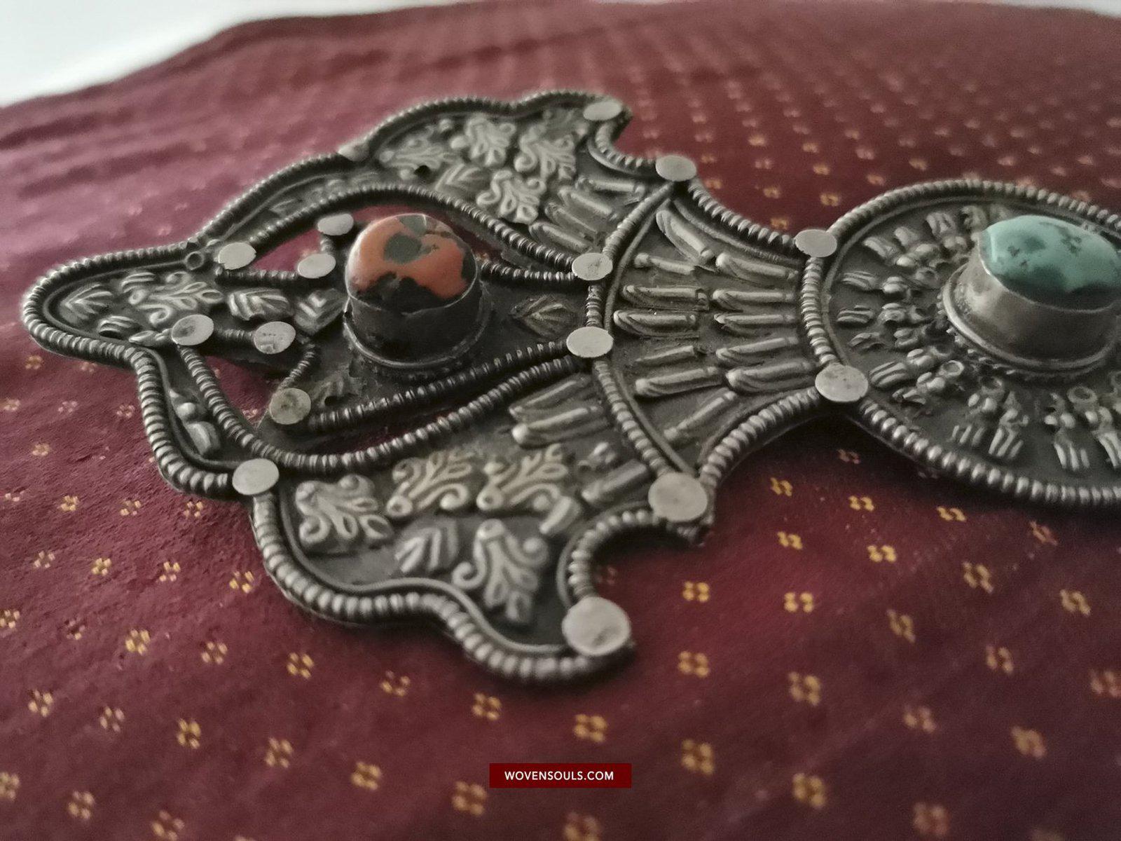 1405 Pair of Rare Antique Tibetan Buckle Ornaments - Silver Coral Turquoise-WOVENSOULS-Antique-Vintage-Textiles-Art-Decor