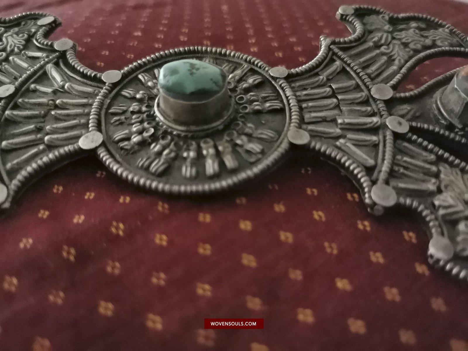 1405 Pair of Rare Antique Tibetan Buckle Ornaments - Silver Coral Turquoise-WOVENSOULS-Antique-Vintage-Textiles-Art-Decor