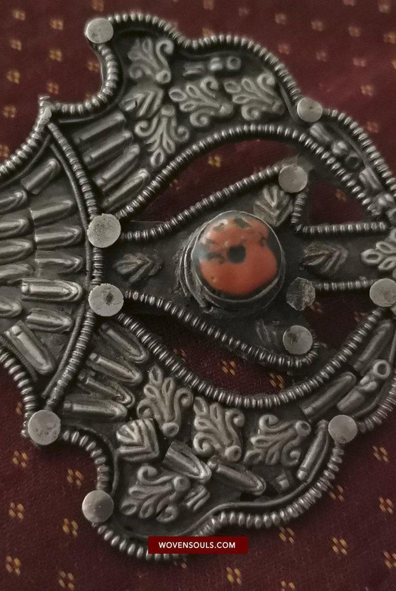 1405 Pair of Rare Antique Tibetan Buckle Ornaments - Silver Coral Turquoise-WOVENSOULS-Antique-Vintage-Textiles-Art-Decor