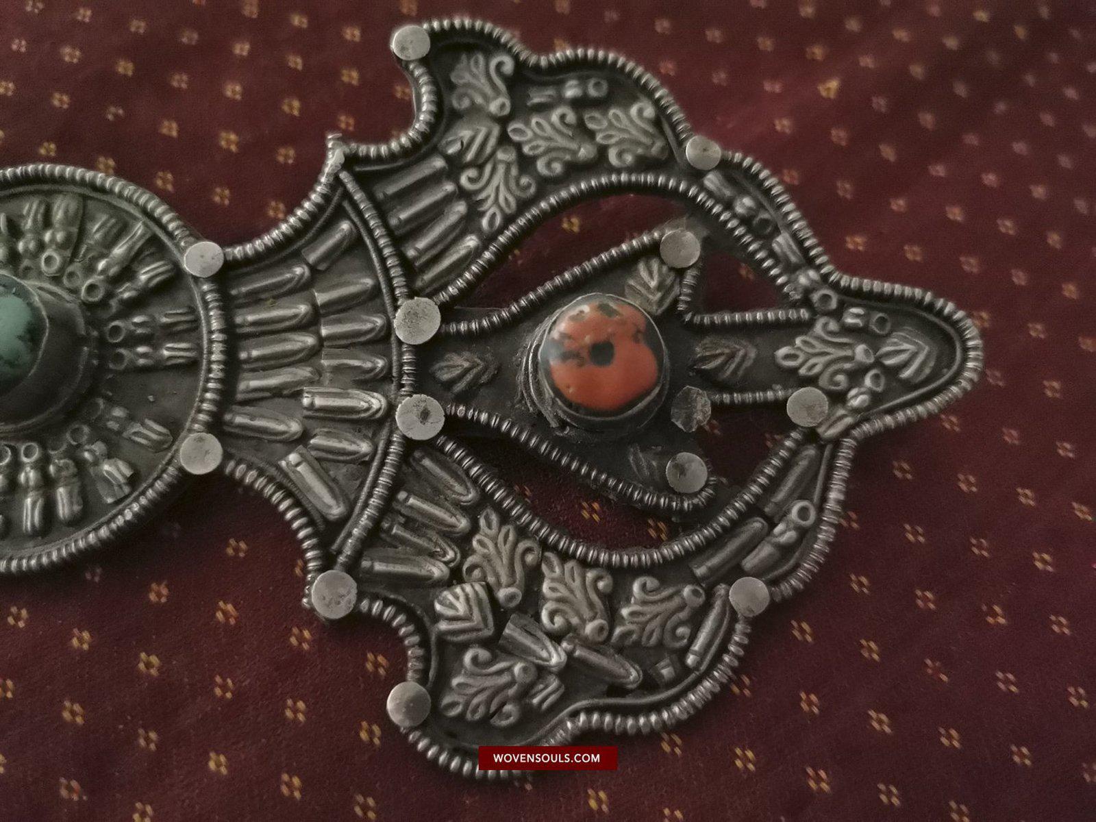 1405 Pair of Rare Antique Tibetan Buckle Ornaments - Silver Coral Turquoise-WOVENSOULS-Antique-Vintage-Textiles-Art-Decor
