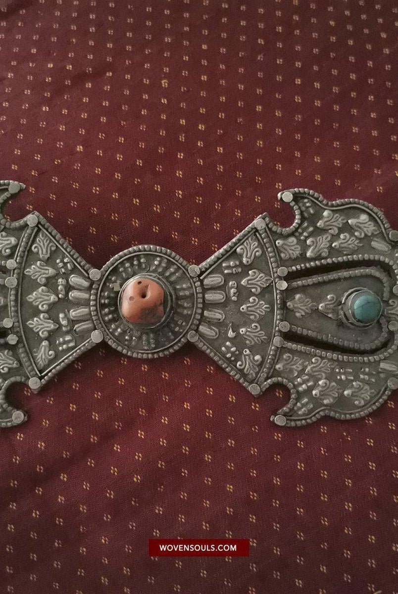 1405 Pair of Rare Antique Tibetan Buckle Ornaments - Silver Coral Turquoise-WOVENSOULS-Antique-Vintage-Textiles-Art-Decor